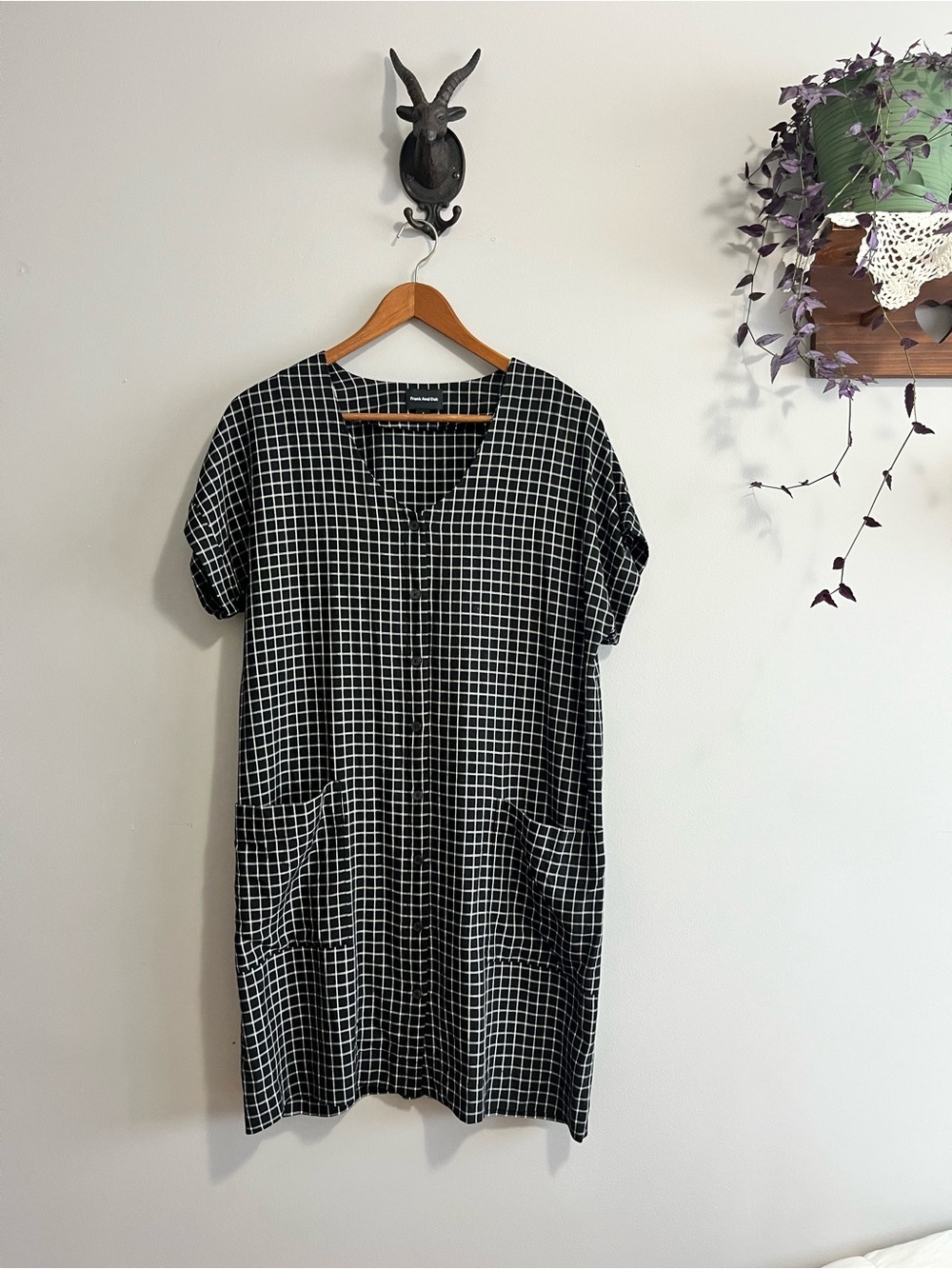 Frank and Oak Black & White Grid Button-Front Pocket Dress size small *runslarge - Picture 1 of 8